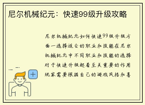 尼尔机械纪元：快速99级升级攻略