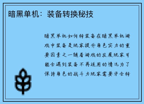 暗黑单机：装备转换秘技